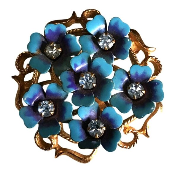 Vintage Avon Blue Enamel Floral Brooch/Pendant With Rhinestones & Gold-Tone Meta - Picture 4 of 7
